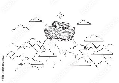 Noah's Ark Resting Atop Mount Ararat - Coloring Book Illustratio