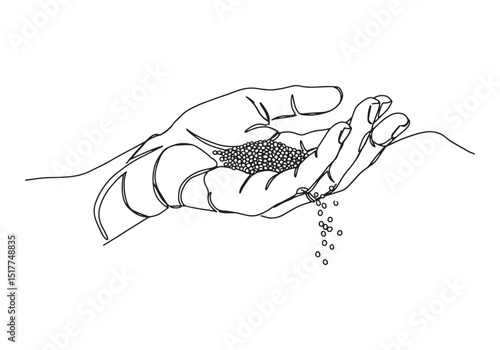 Minimalist one-line drawing of a hand holding mustard seeds illu