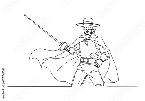 Zorro, masked hero with a sword in a continuous line drawing sty
