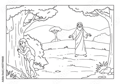 Adam and Eve hiding in garden coloring page for kids and adults