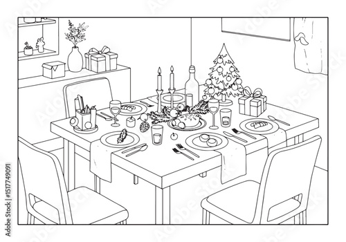Modern Christmas Coloring Page of a Festive Table Setting with T
