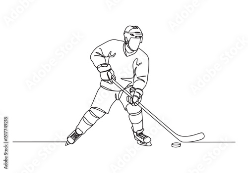 Elegant continuous line drawing of a male ice hockey player in a