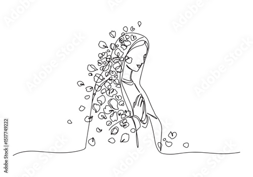 Minimalist continuous line drawing of virgin mary with floral pa