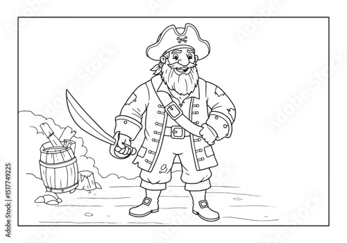 Friendly Pirate with Sword Coloring Page for Kids Black and Whit