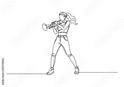 Continuous Line Art, Female Ska Musician Playing Trumpet Illustr