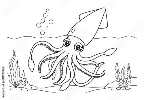 Adorable Squid Coloring Page for Kids, A Fun and Educational Act