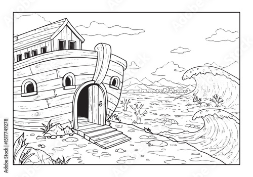 Noah's Ark Illustration, A Coloring Book Style Depiction of the
