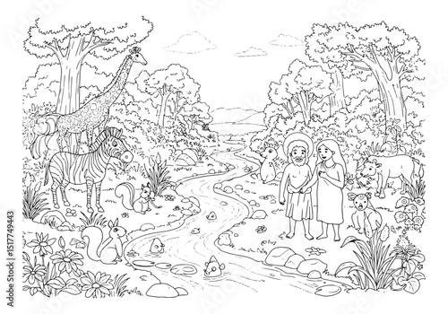 Black and white coloring page for kids, Adam, Eve, animals in na