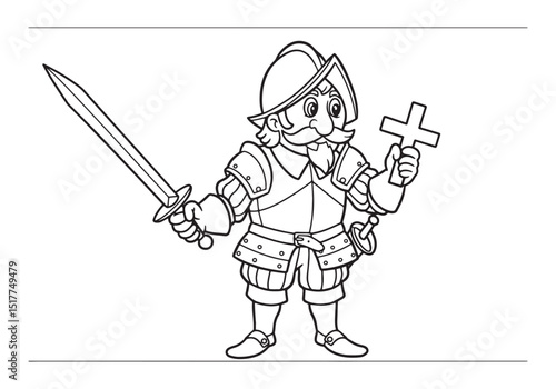 Conquistador with Sword and Cross in Coloring Book Style Illustr