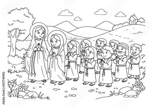 Delightful illustration of Saint Mary with children praying and