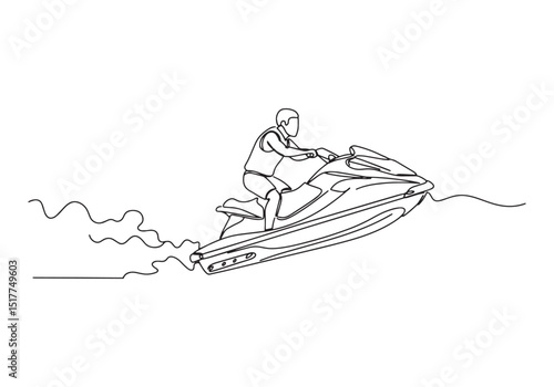 Minimalist continuous line drawing of a man riding a jet ski on