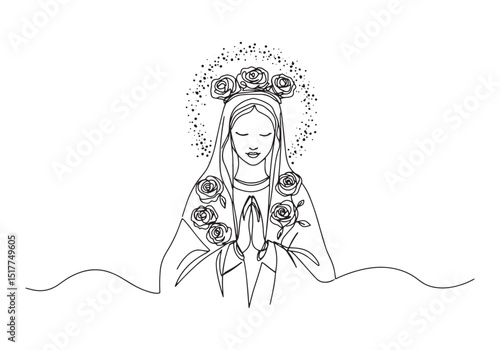 Virgin Mary crowned with roses in continuous line art illustrati