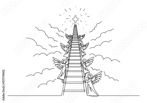 Continuous line art drawing of ladder to heaven with angels asce
