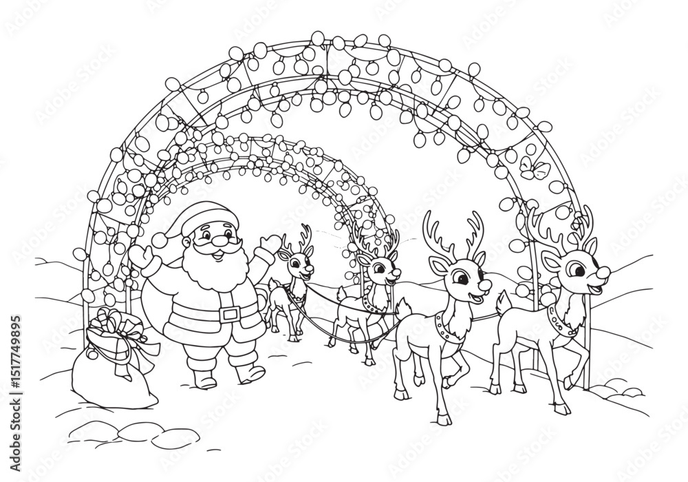 Fototapeta premium Festive Santa and Rudolph Coloring Page, A Cheerful Holiday Illu