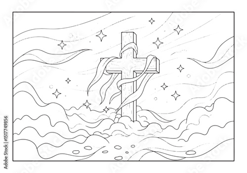 Detailed coloring page illustration of a cross shrouded in cloth