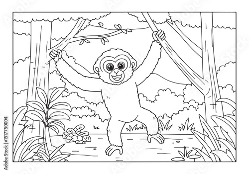 Enchanting Gibbon Coloring Page, A delightful adventure in black