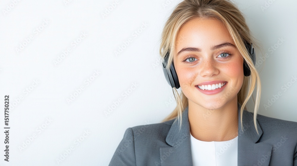 Professional call center agent wearing headset, providing customer welcoming support with helpful expression Professional call center agent wearing headset, providing customer welcoming support with helpful expression