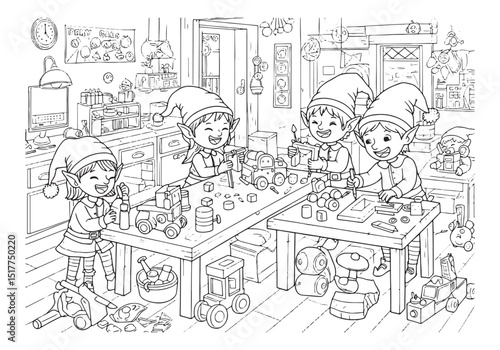 Delightful coloring page, Elves crafting toys in their workshop