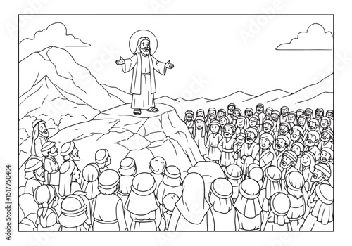 Jesus Sermon on the Mount coloring page in black and white illus
