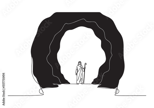 Single line drawing of a religious prophet exiting from a cave s