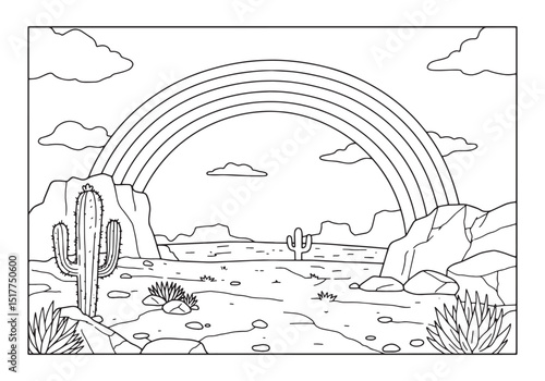 Rainbow over the desert landscape illustration for coloring book