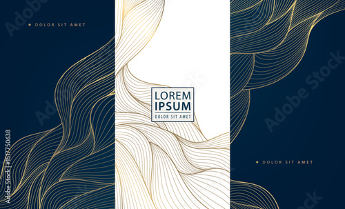 Vector set of golden line wave backgrounds, abstract luxury label package, water premium japanese element. Glitter box design, art deco template.