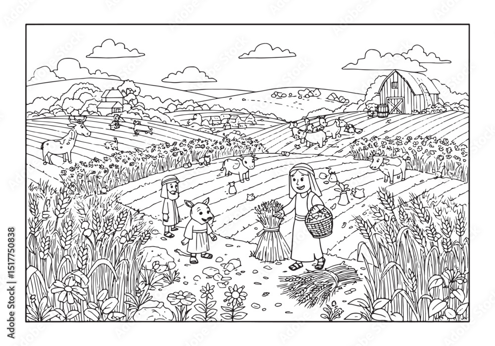 Fototapeta premium Ruth gleaning in the field of Boaz outlined in a coloring book s