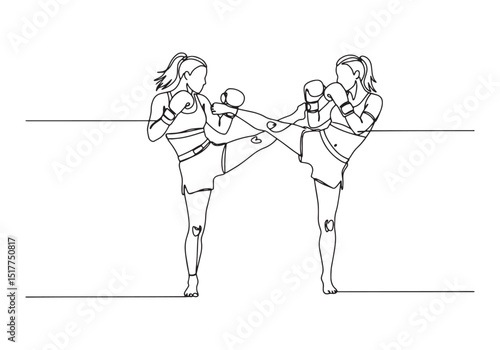 Continuous Line Drawing of Female Kickboxers in Action and Compe