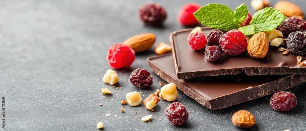 Dark chocolate pieces decorated with dried fruits, nuts, and mint leaves on a gray surface. Sweet vegetarian desserts Dark chocolate pieces decorated with dried fruits, nuts, and mint leaves on a gray surface. Sweet vegetarian desserts