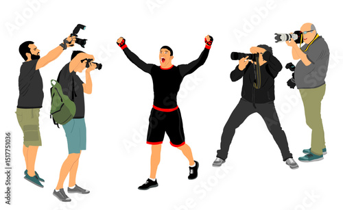 Paparazzi photographers crew shutting photo MMA fighter winner celebrate victory vector illustration isolated. Sport man raised spread arms. Ultimate male success fanatic fit boy laud glory win game.