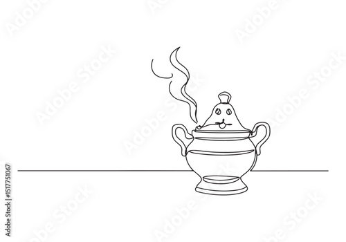 Elegant continuous line drawing of a censer with smoke wafting u