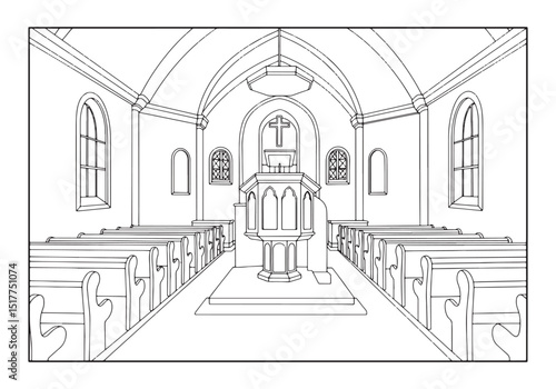 Intricate Coloring Page of a Church Interior with Pulpit and Pew