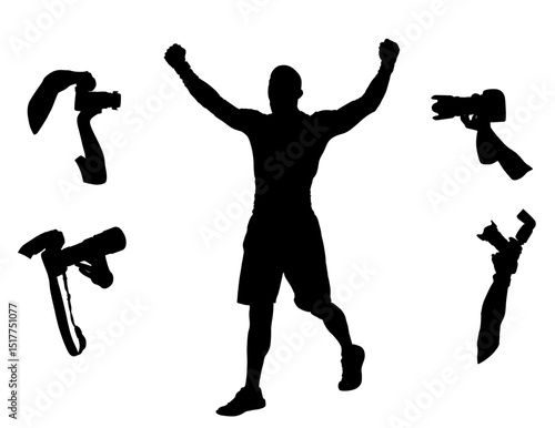 Paparazzi photographers crew shutting photo MMA fighter winner celebrate victory vector silhouette isolated. Sport man raised spread arms. Ultimate male success fanatic fit boy laud glory win game.