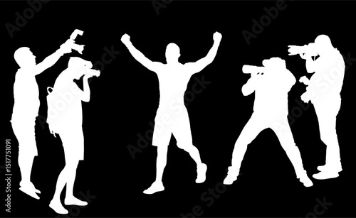 Paparazzi photographers crew shutting photo MMA fighter winner celebrate victory vector silhouette isolated. Sport man raised spread arms. Ultimate male success fanatic fit boy laud glory win game.