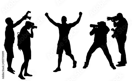 Paparazzi photographers crew shutting photo MMA fighter winner celebrate victory vector silhouette isolated. Sport man raised spread arms. Ultimate male success fanatic fit boy laud glory win game.