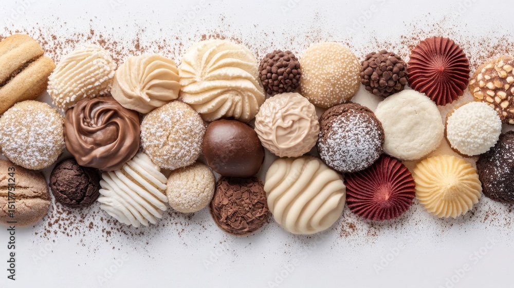 Assorted sweet treats on white background. Vegetarian desserts with chocolate and sugar, arranged closely. Delicious baked confectionary close view. Assorted sweet treats on white background. Vegetarian desserts with chocolate and sugar, arranged closely. Delicious baked confectionary close view.