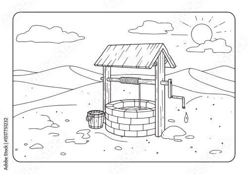 Detailed well of water coloring page with desert backdrop illust