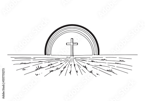 Minimalist Cross Illustration Framed by Arcs in a Continuous Lin