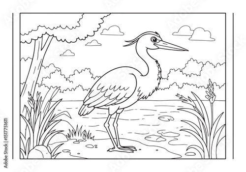 Elegant Heron Coloring Page, A Detailed Black and White Illustra