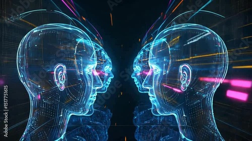 Two neon-outlined human AI agents facing each other. Code copying, replication, automation tools, future tech concept