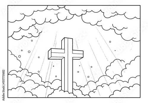 Cross with cloud and rays of light in black and white coloring p