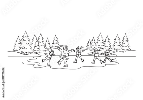 Continuous line illustration of Santa Claus and elves ice skatin