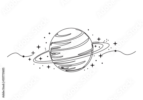 Uranus planet with rings continuous one line drawing and starfie