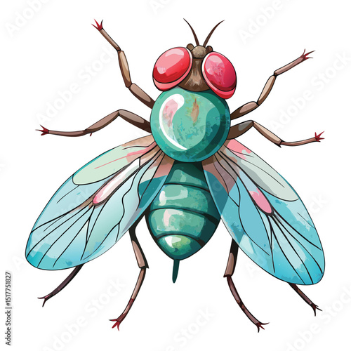 Vibrant Teal Fly Detailed Insect Art Watercolor Style Nature Entomology Design Perfect for Print