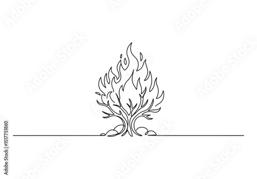 Single line drawing of the Burning Bush representing biblical sc