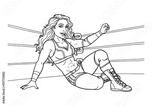 Empowered Wrestler Woman, A Coloring Book Illustration of Streng