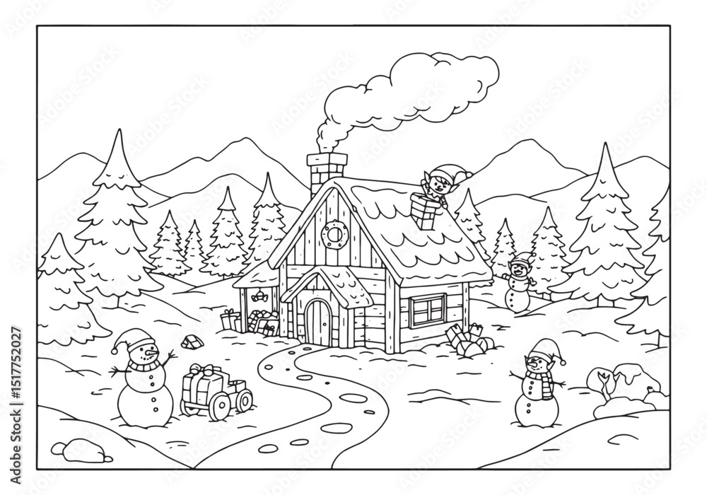Fototapeta premium Enchanting Winter Wonderland, A Detailed Coloring Page of a Chri