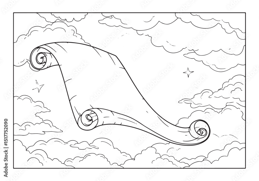 Obraz premium Heavenly scroll amidst fluffy clouds a whimsical coloring page f
