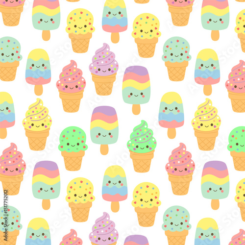 Seamless pattern of cute cartoon ice creams and popsicles with smiling faces. Perfect for kids' products, stationery, and fabric design.