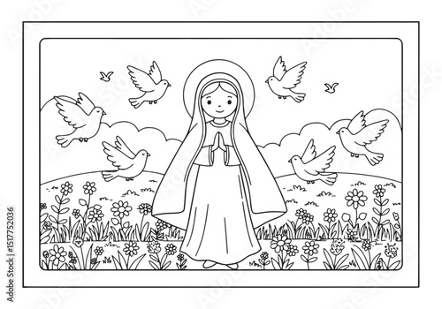 Virgin Mary surrounded by doves and flowers detailed outline dra